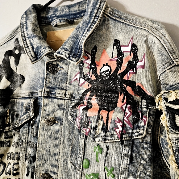 Smoke Rise Dnm Co. Adult Size M Distressed Painted Graffiti Denim Jean Jacket - Picture 2 of 14